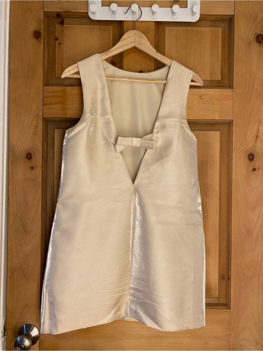 Divided Cream Satin Mini Dress with Front Bow
